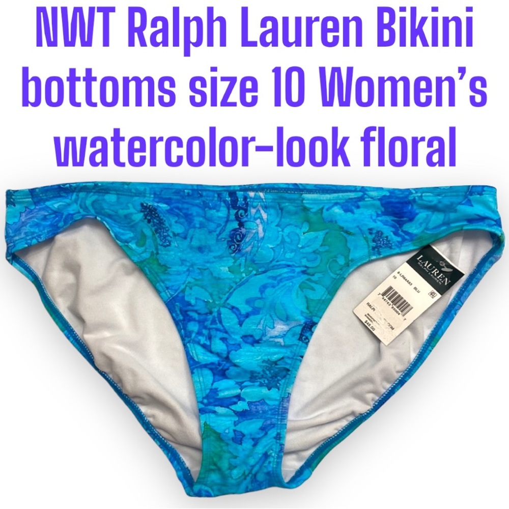 NWT Sz 10 Ralph Lauren bikini bottom blue green watercolor Women’s gold-tone tag